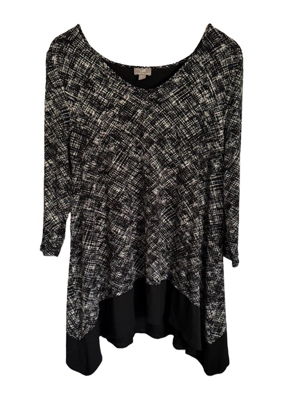 J Jill Wearever Tunic Top Womens L Black Geometric 3/4 Sleeve Travel Stretch